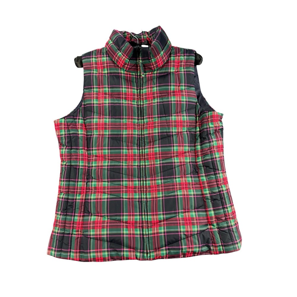 Talbots Womens L Plaid Puffer Vest Tartan Quilted Full Zip Preppy Holiday
